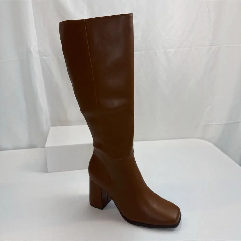 Ankis Tall Boots Womens Size 9.5 Brown Faux Leather Square Toe Chunky Heel
